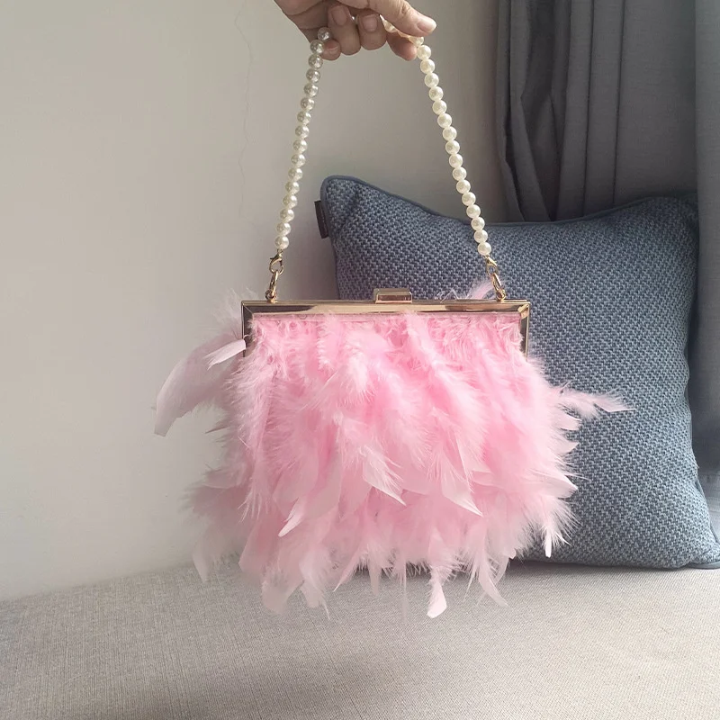 Fashion Turkey Feather Wallet Clutch Bag Ladies Dinner Party Wedding Purse Luxury Pearl Chain Shoulder Bag Crossbody Bag