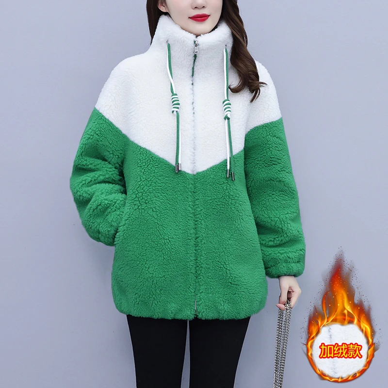 

Lambswool Fur Jacket Women Overcoat New Winter Contrast Stitching Casual Coat Female Outwear Loose Sheep Shearing Warm Parka