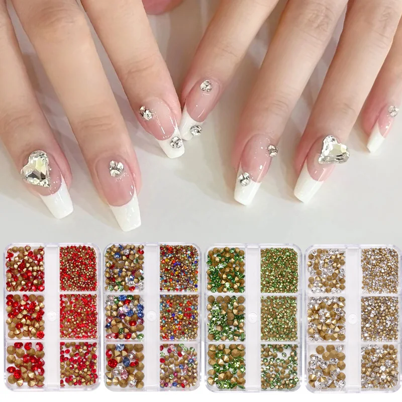 6 Grids Christmas Nail Art Rhinestones Mixed-Size Gold-bottomed White/AB/Red/Pink Crystal Stone Strass DIY Non-Hotfix Diamond *#