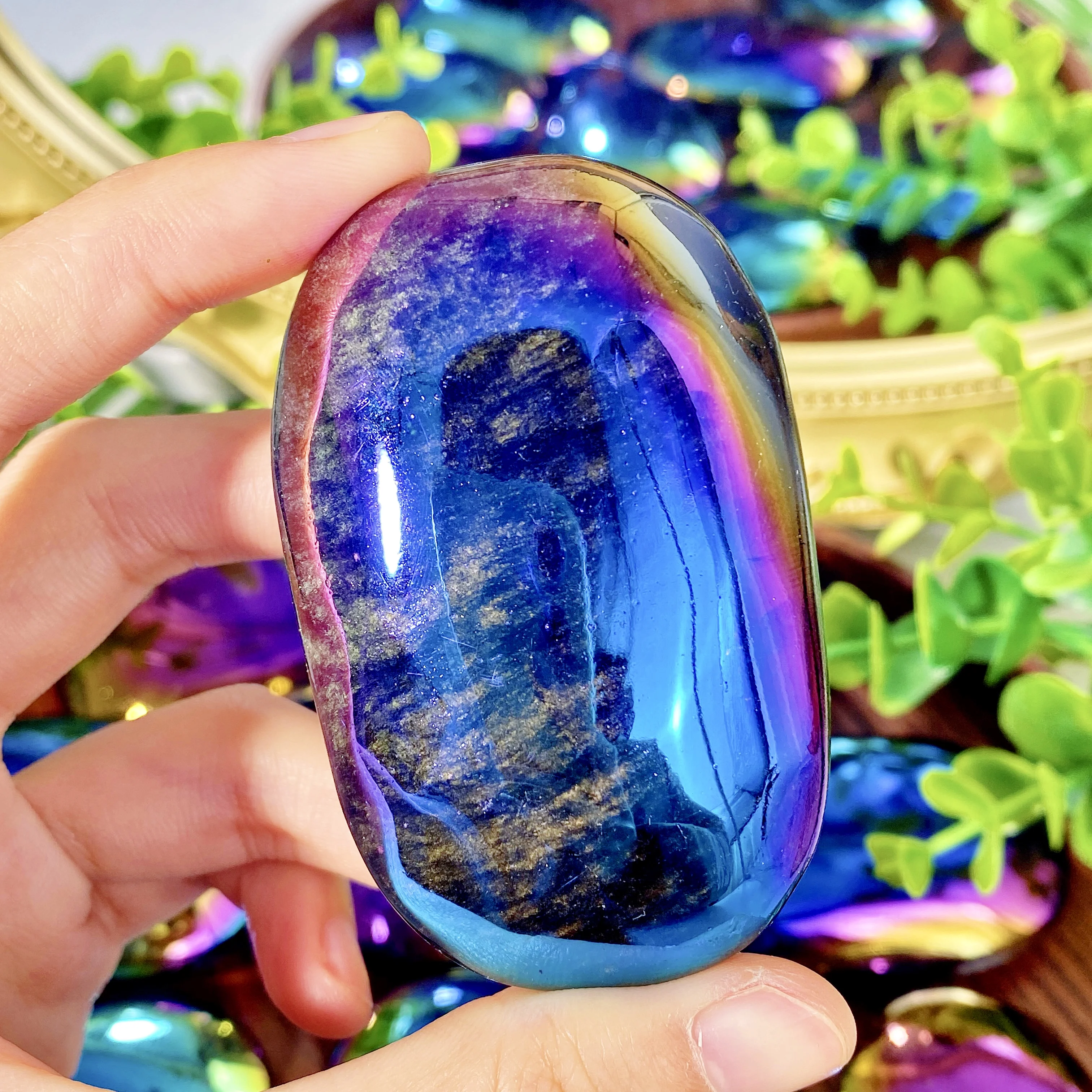 1PC High Quality Aura Obsidian Palm Natural Crystal Palm,Gemstone Jewelry,Glitter, Healing crystal，Birthday gift，Girlfriend gift