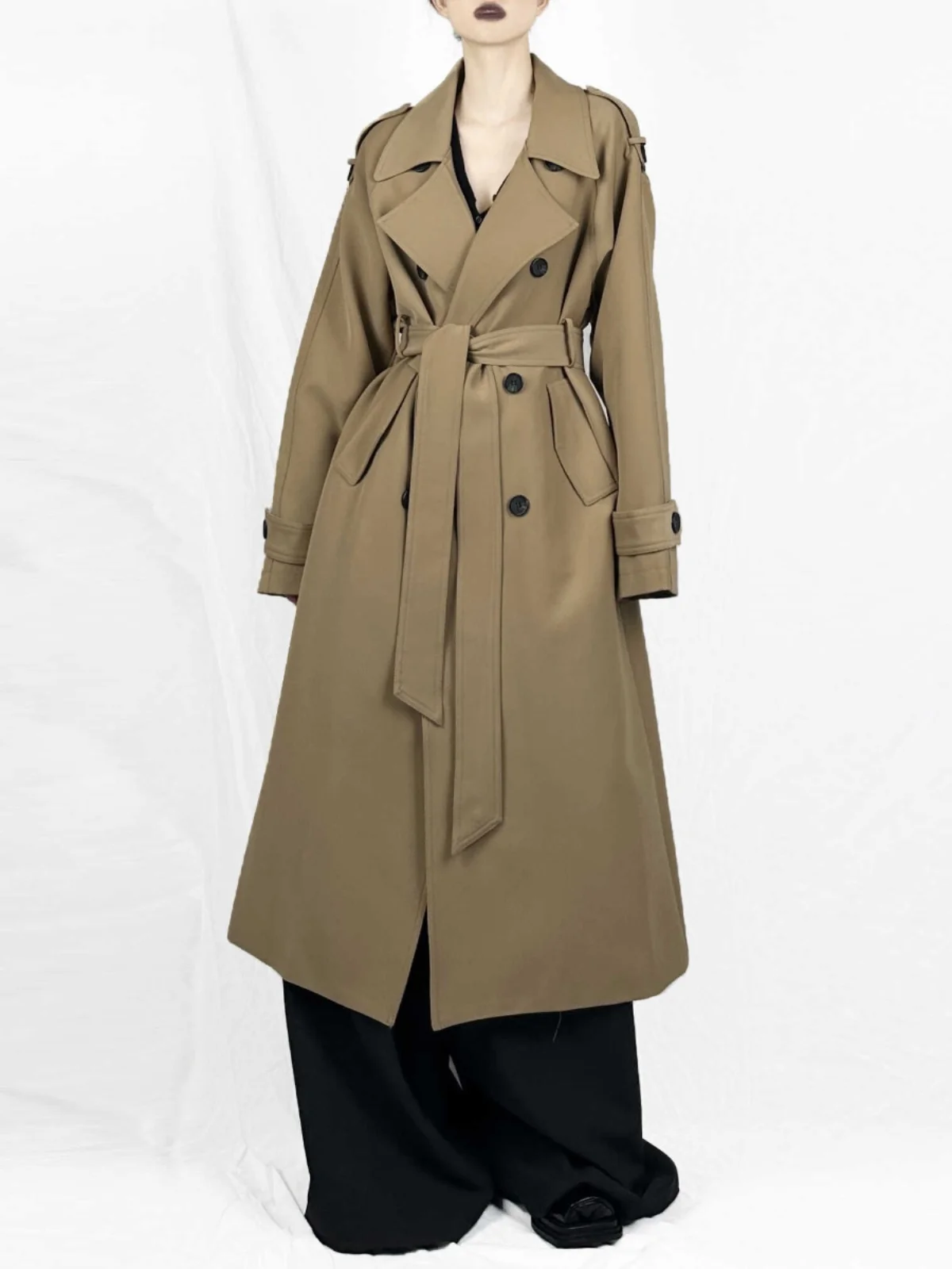 

Autumn Winter Long Over-Knee Briti Sle Coat Double-Breasted Suit Collar Commuter Regular Thin Polyester Fiber