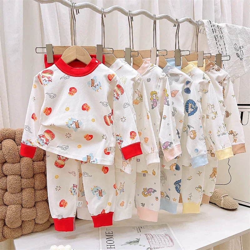 

Kids Pure Cotton Pajamas Boys Girls Cartoon Long Sleeve T-Shirt Top + High Waisted Pants Baby Sleepwear Underwear Clothes Sets