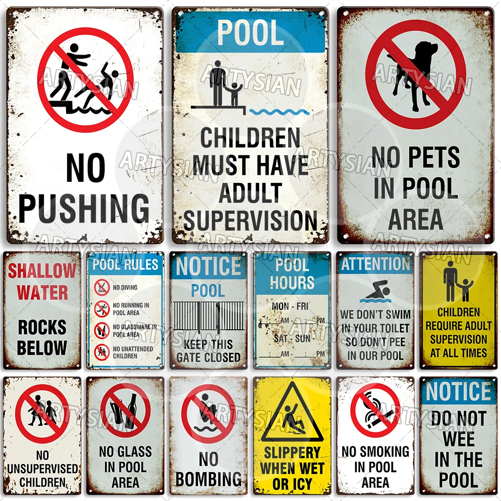 Reglas de piscina, letrero de Metal, placa de peligro de agua de seguridad para piscina, sin orinar en la piscina, sin buceo, correr, prohibición de agua poco profunda