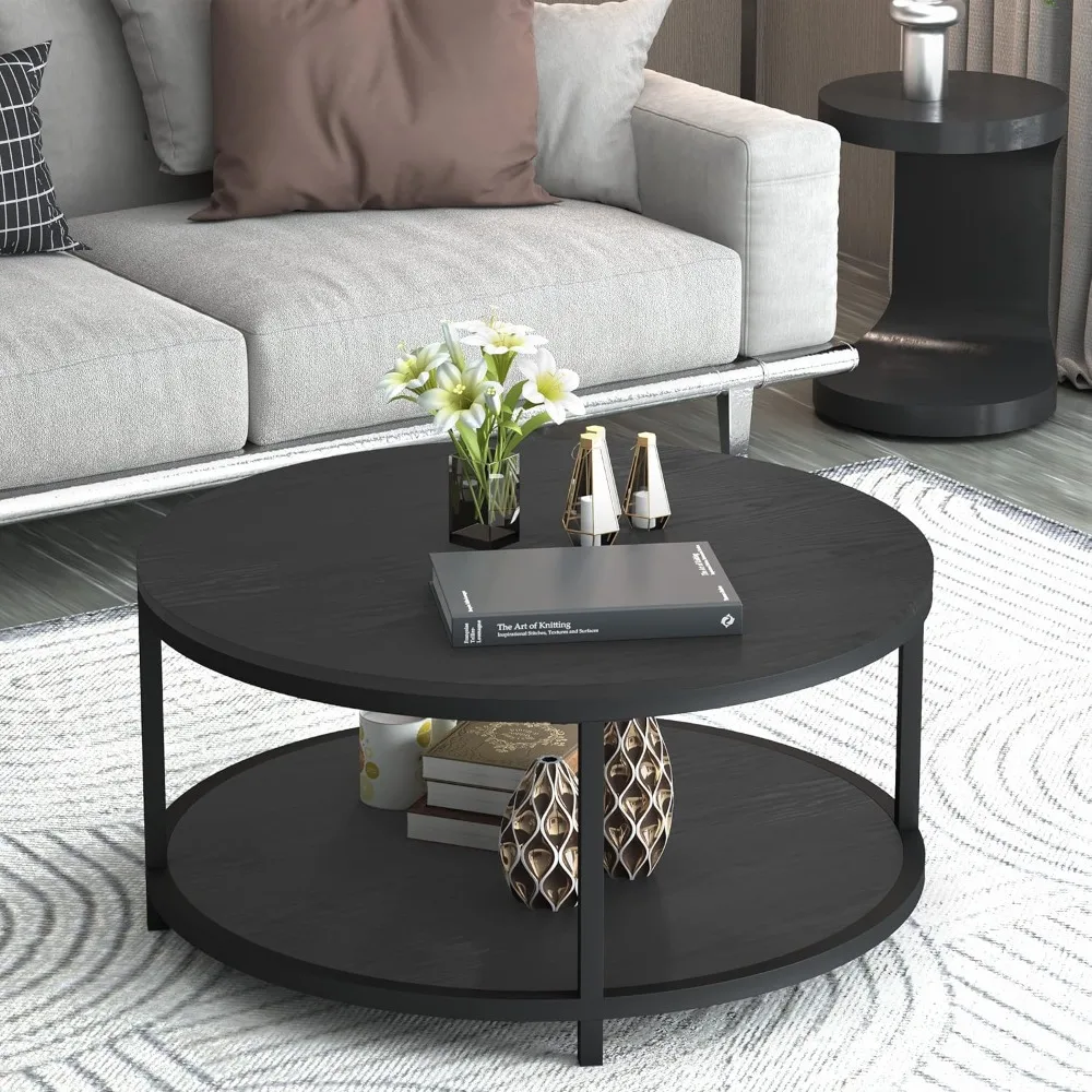 Round Coffee Table, 36" Rustic Wooden Surface Top & Sturdy Metal Legs Industrial Sofa Table for Living Room Modern Design Home