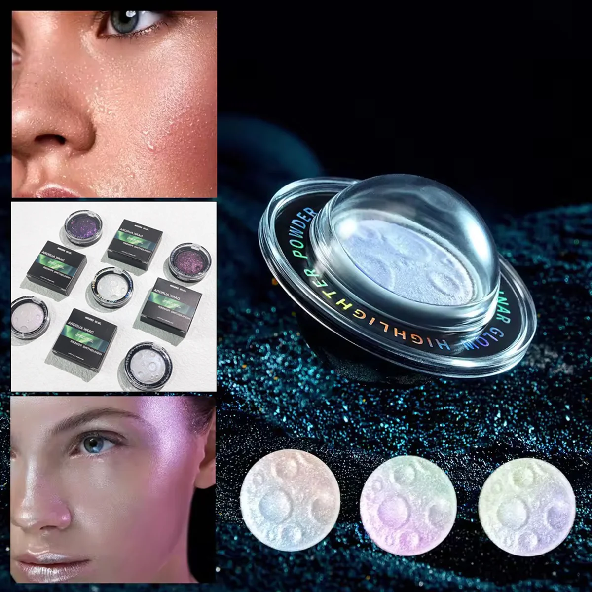 Planet 3D Highlighter Powder – 5 Shades Glow for Face,Eyes & Body,Moon Design, Contour & Brighten,Unisex,Certified, Skin-Safe