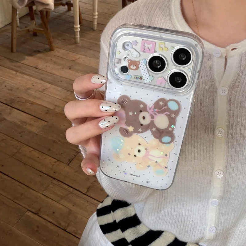 

Korean Cute Sequins Star Bear Phone Case For iPhone 17 Pro 16 15 14 Pro Max Cover Shockproof Protective Cases For Apple 16 Pro m