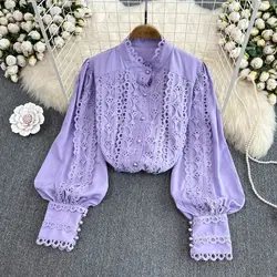 Autumn Purple/Rose Red/White Hook Flower Hollow Out Lace Blouse Women Vintage Stand Collar Lantern Long Sleeve Shirt New Blusas