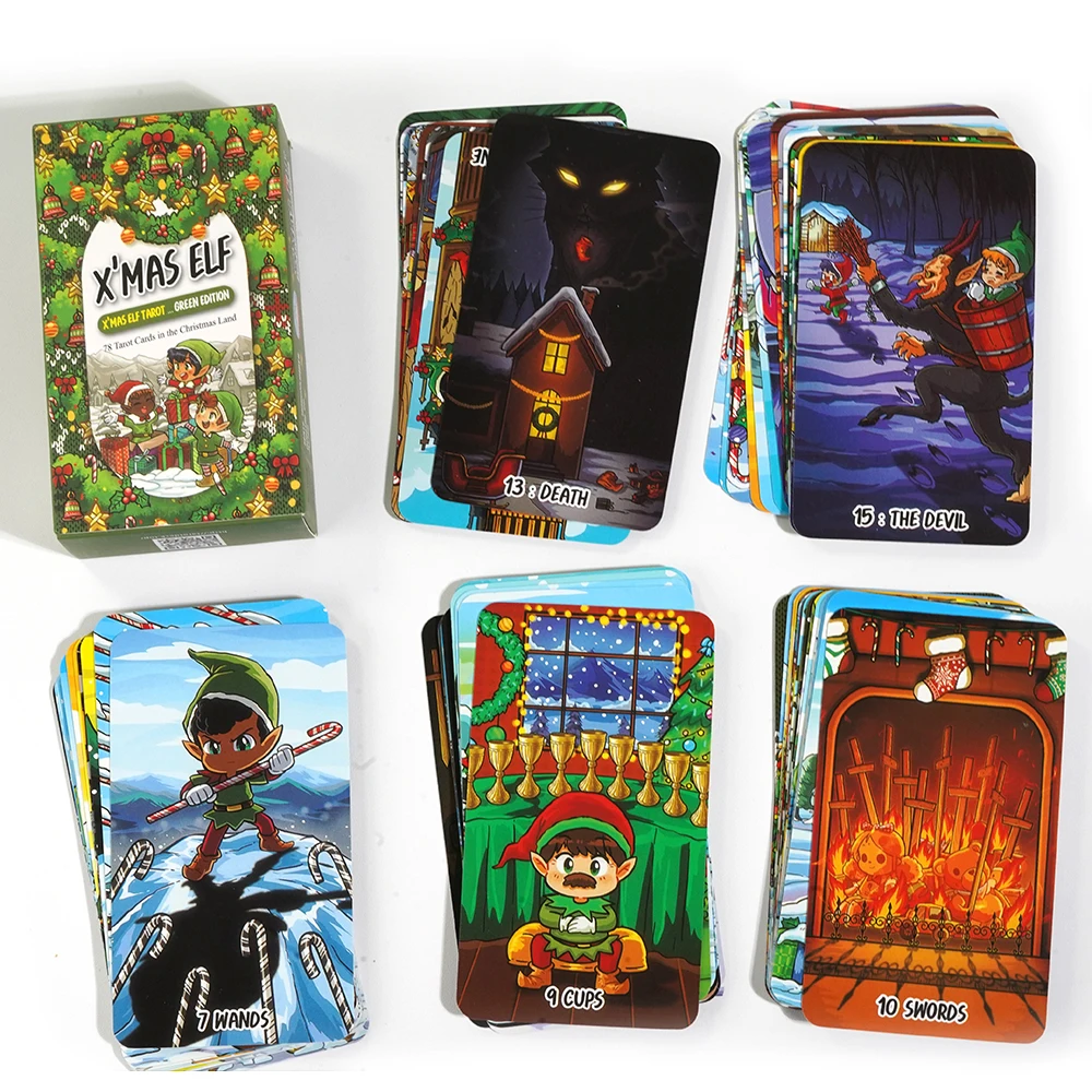 X\'mas Elf Tarot Green Edition 78 piece deck of traditional tarot with Keywords Witchy Beginner Tarot Learning Tarot