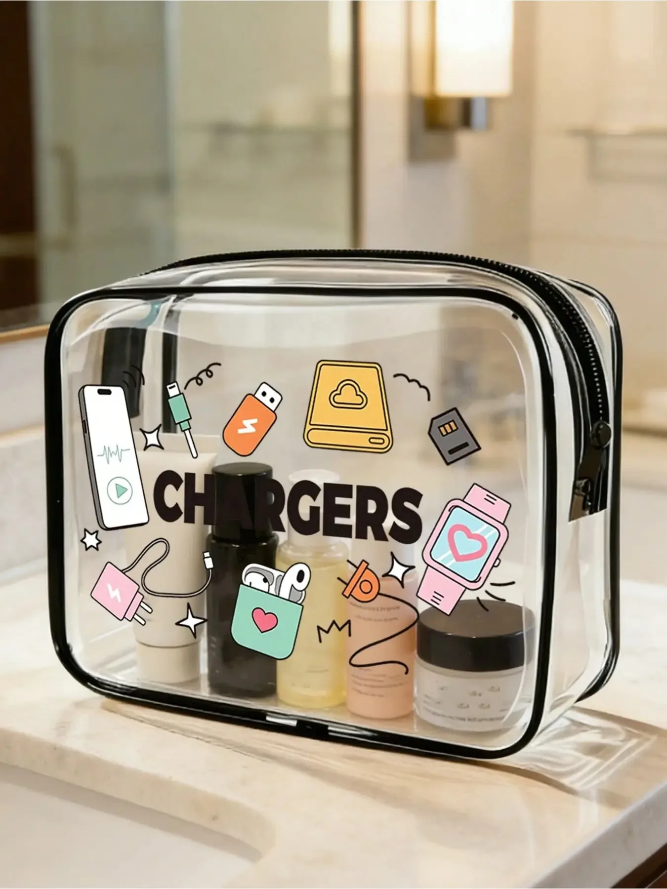 Clear Waterproof PVC Transparent Storage Bag with Cartoon Letter Print, Spacious Zipper Travel Organizer Pouch, Multi-Use See Through Case for Electronic Chargers, Medicine, Cosmetics & Daily Accessories