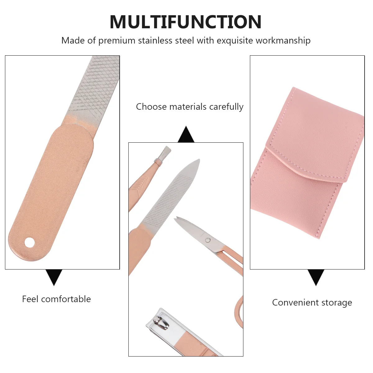 Zestaw do manicure ze stali nierdzewnej w kolorze różowego złota, pilnik, pęseta do brwi, nożyczki kosmetyczne, etui PU do użytku domowego i w podróży.