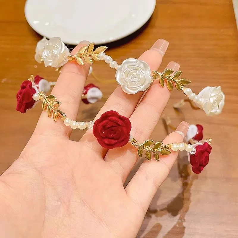 French Retro Dry Rose Red Flower Pearl Headband, Feminine Niche Headband