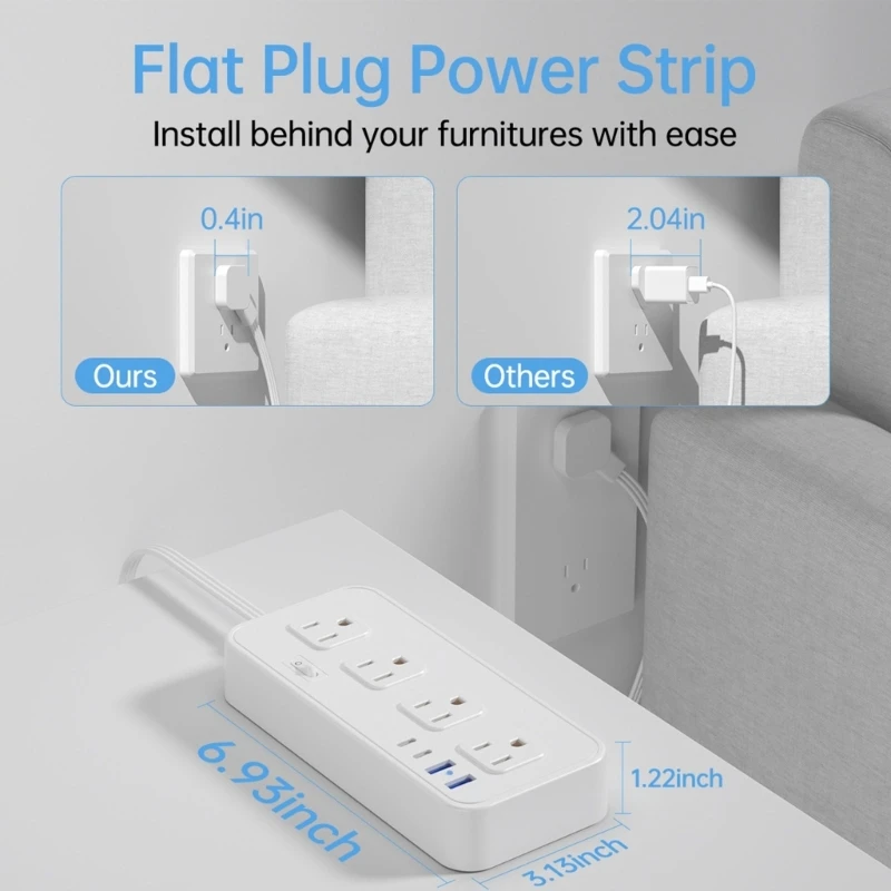 Multiple Outlet Power Strips 2Prong Flat Plug 5ft Extension Cord 8 Outlets 2 USB 2 Type C Port 2000J Surges Protections