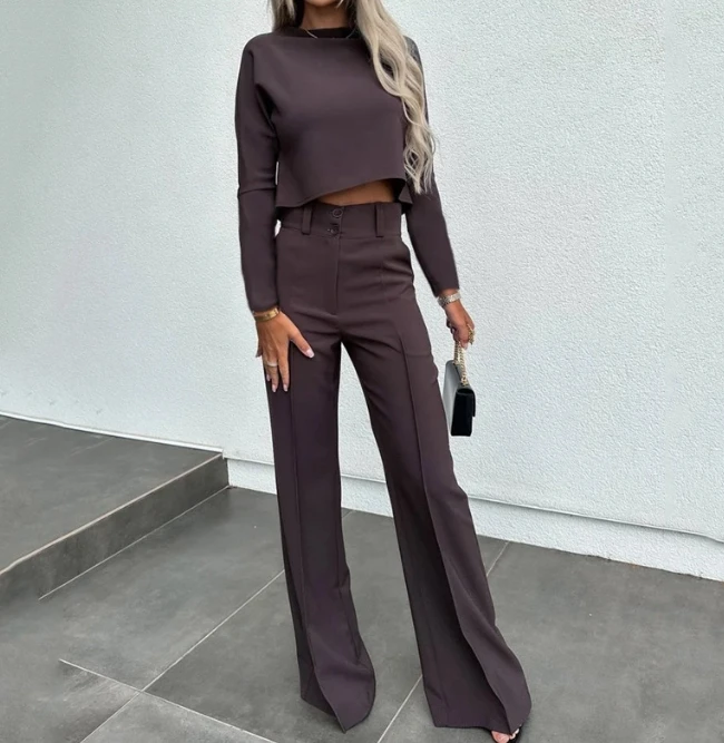 

Two Piece Set Women Outfit 2023 Autumn Fashion Solid Color Casual Turtleneck Long Sleeved Crop Top & High Waist Flared Pants Set