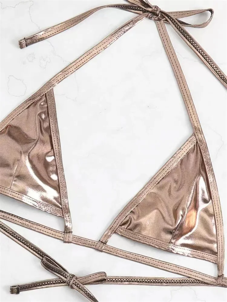 Costume Intero A Vita Alta Con Laccetti – Set Bikini 2 Pezzi Metallic Gold Per Donna - Taglie Forti Disponibili (XS-XL)
