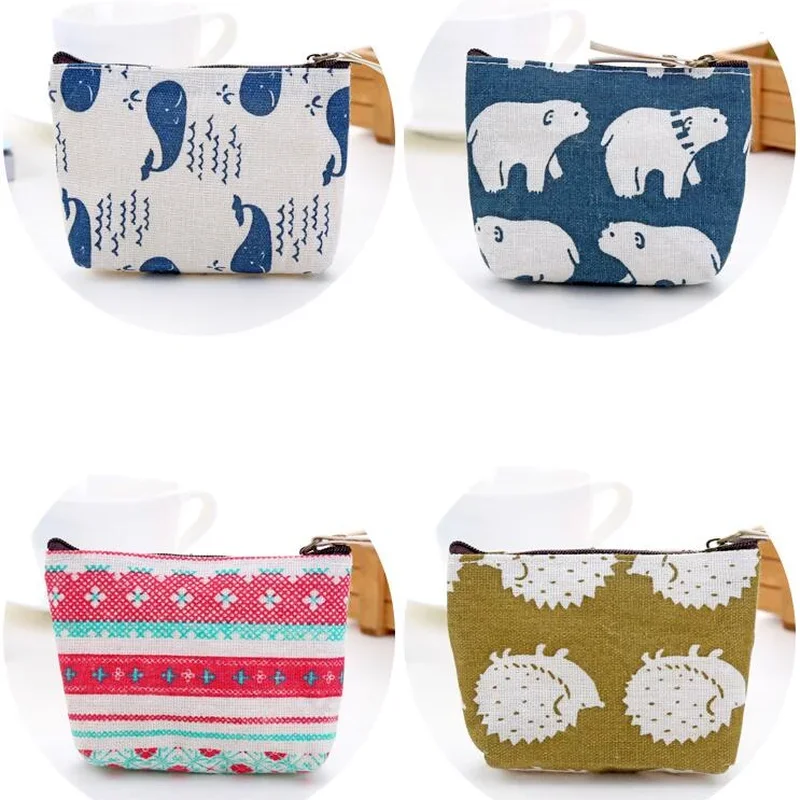 Students Cute Canvas Fabric Coin Money ID Bus Cards Storage Bags Small Square Polar Bear Whale Keys Earphone Storage Bags Wallet