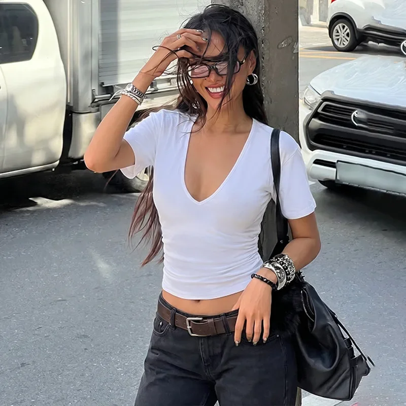 Solid Short Sleeve Hot Girl T-Shirt Women V-Neck Sexy Waist-Cinching Cropped T-Shirt 2026Summer New Stylish Casual Top