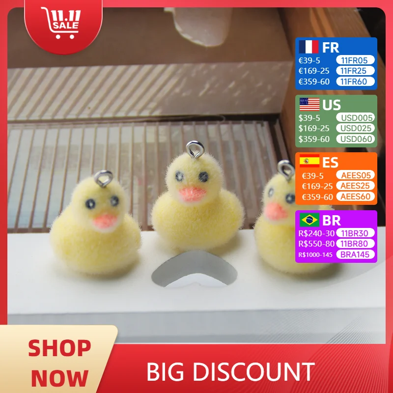 30pcs 3D Flocking cartoon mini Ducklings charms cute Resin Doll Pendant for Backpack chains Keychains DIY Jewelry make fittings