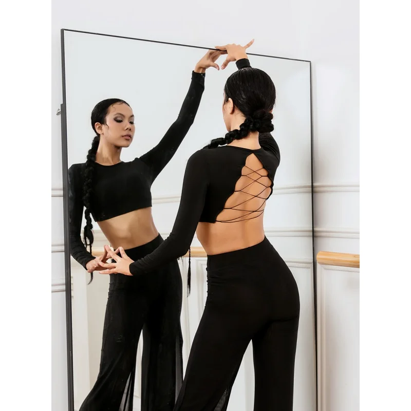 

Latin Dance Costumes Long Sleeve Backless Tops With Chest Pad Female Adult Slim Dance Exercise Clothing