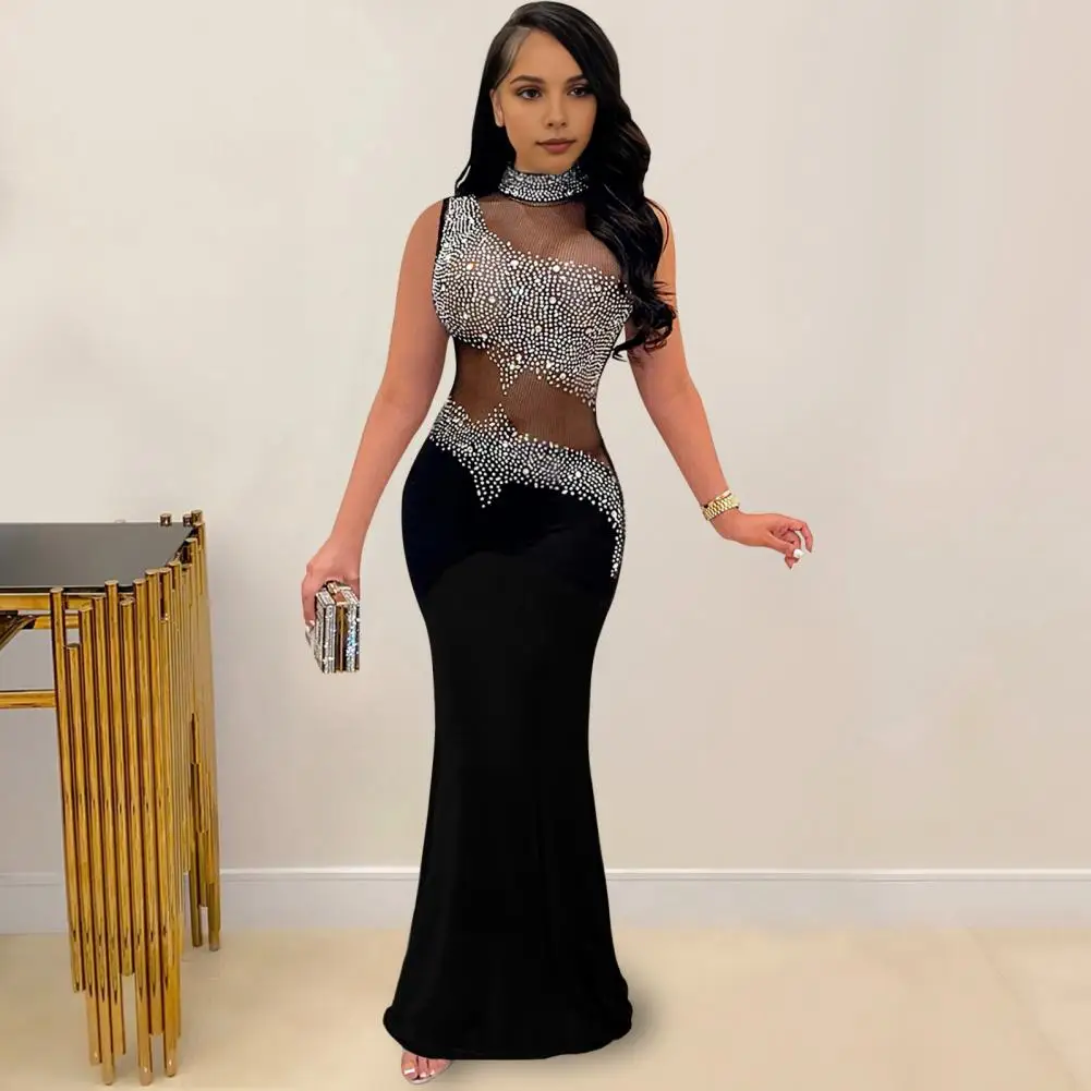 Slim Waist Dress Elegant Rhinestone Embellished Evening Gown with Mesh Detailing Design for Prom Wedding or Formal Events Lady