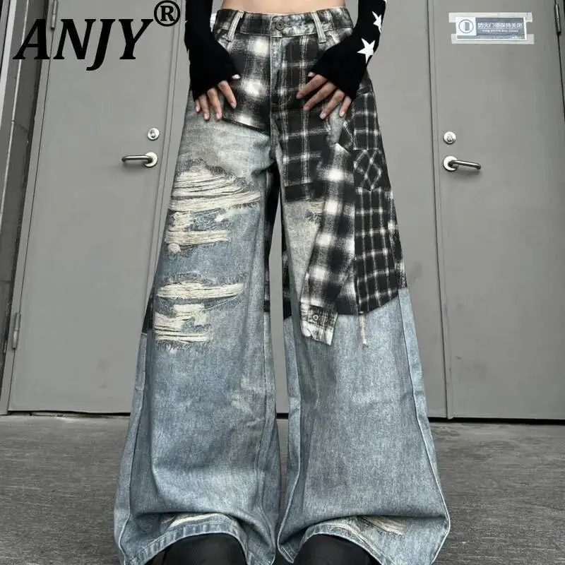 

ANJY Spring Autumn New Women American Style 3D Digital Print Plaid Denim Pants Streetwear Ins Loose Casual Wide Leg Jeans A22534