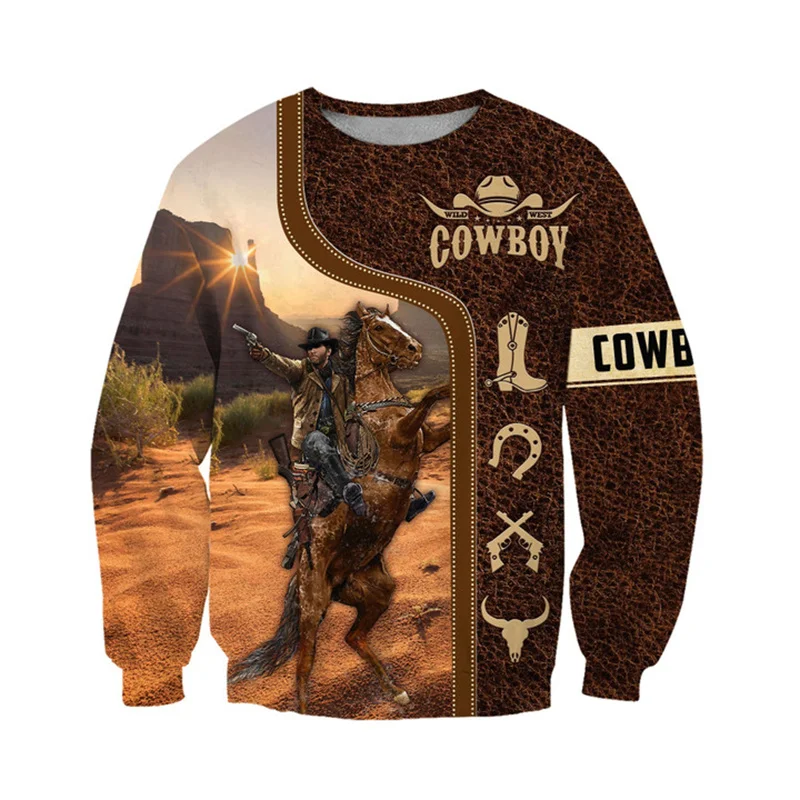 Autumn Westside Cowboy Sweatshirt Mens Clothing Vintage 3D Print Streetwear Fashion Casual Long Sleeved Pullover Sweatshirt Tops