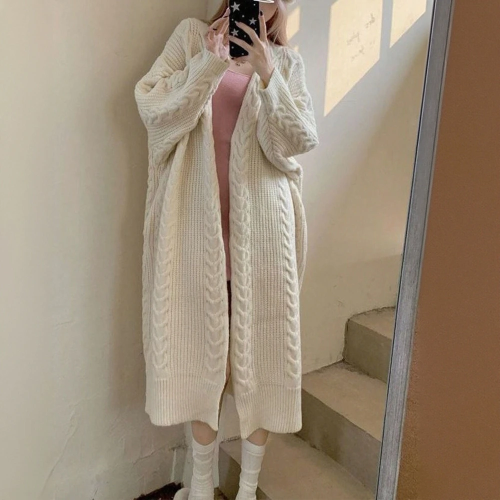 

Женский длинный вязаный кардиган, однотонное повседневное пальто с открытой передней частью, осенняя базовая верхняя одежда с длинными рукавами для свиданий