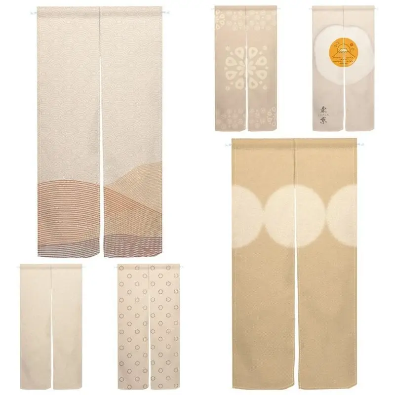 VIKAMA Beige Japanese Minimalist Noren Door Curtain Wave Floral Mountain Pattern Partition Curtain Home Cafe Entrance Decor