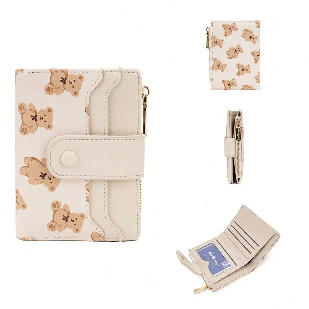 

Baellerry 1pc Women's Bear Print Zipper Coin With Button Clasp Wallet Card Case Gifts Essentials Items For Women Wallet Purse Wa