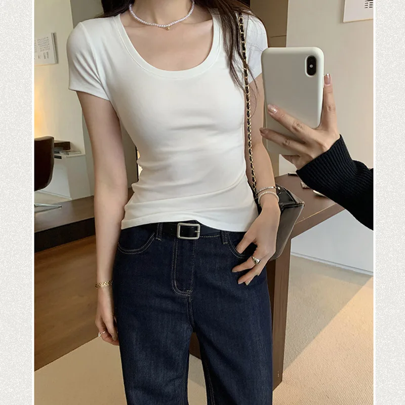 Camiseta informal de algodón para mujer, camisetas de manga corta, ropa de moda para mujer, camiseta básica ajustada con