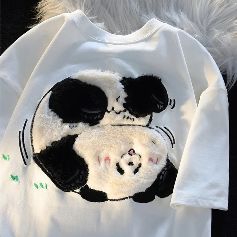 2024 Summer New Short-sleeved Cartoon Panda Flocking T-Shirts Women Plush Embroidery Sweet Cute Tee Shirts Harajuku Streetwear