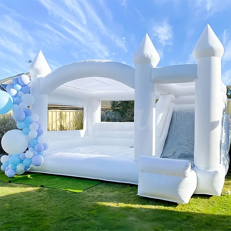 

Commercial white pink inflatable wedding bouncer belt, slide outdoor bounce house, jumping party bouncy castle