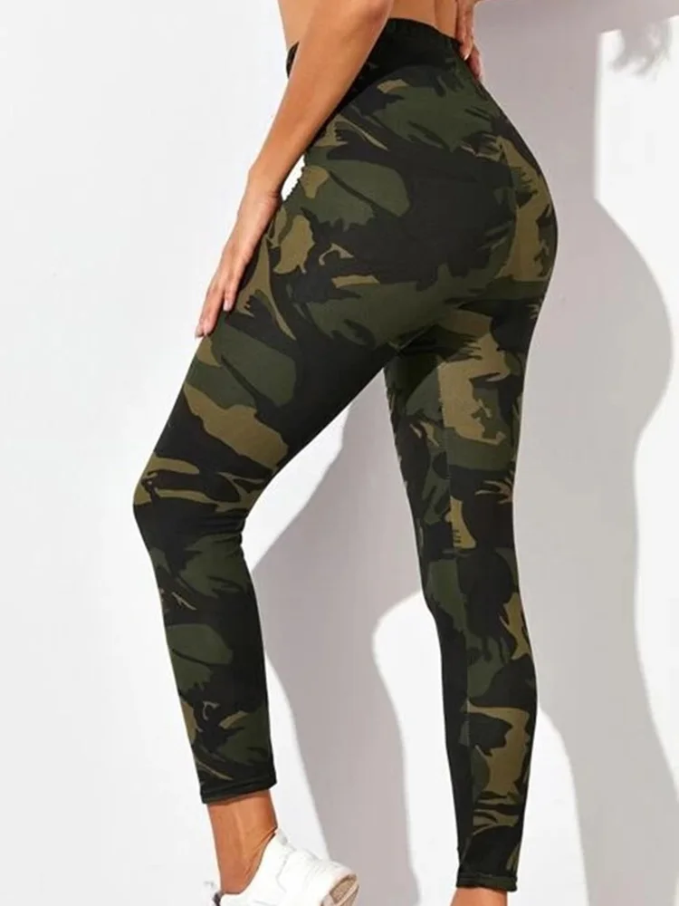 Legging motif kamuflase musim panas celana panjang melar ramping potongan robek celana seksi legging hijau tentara