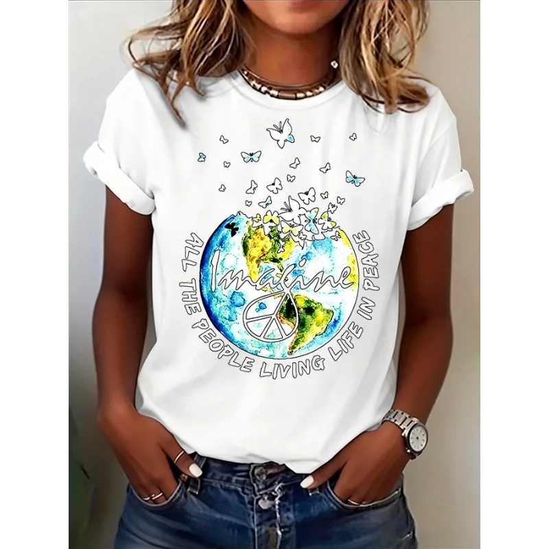 ilstile Women's Hippie Living Life In Peace Print T-Shirts Summer Short Sleeve Casual Loose T Shirt Round Neck Tops Tees