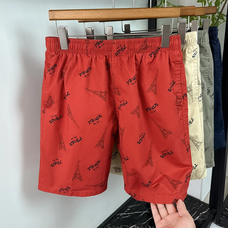 Loose RED Workwear Shorts for Men Summer Cotton Thin Five-point Short Print Pants Boys Loose Sports Young Dad Middle Beach Pants