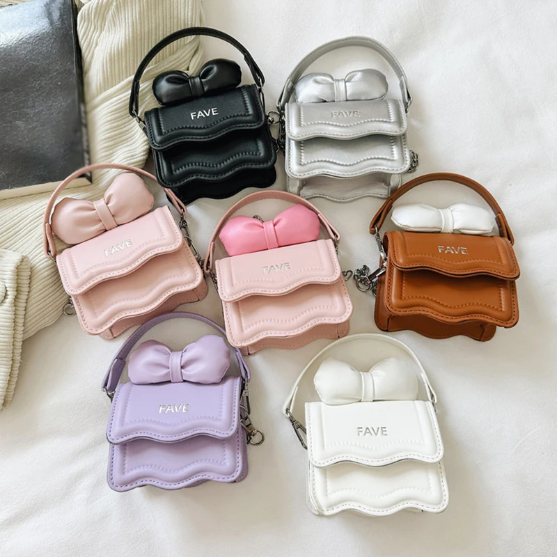 Korean Kids SIngle Shoulder Bags For Girls Solid Bow Decoration Toddler Princess Handbag PU Mini Cute Baby Messenger Bag