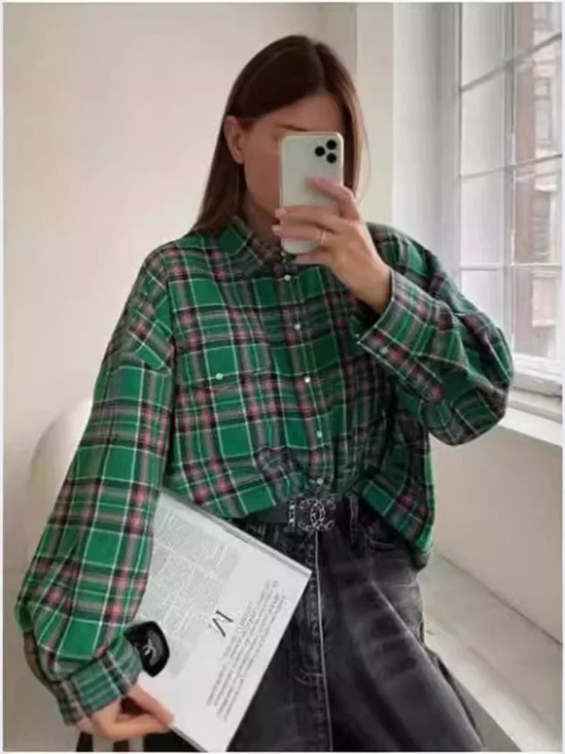 Damen Retro Plaid Long Sve irt Vielseitig Cheered Casual Sle Polyester Stoff Oulder-Breite Loose Fit Normale Länge