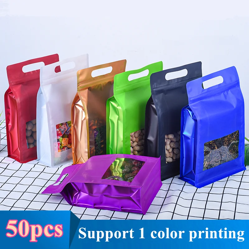 50PCS 3D Portable Aluminum Foil Window Ziplock Bags Matte Snack Coffee Beans Dried Fruits Spice Cereals Handle Packaging Pouches