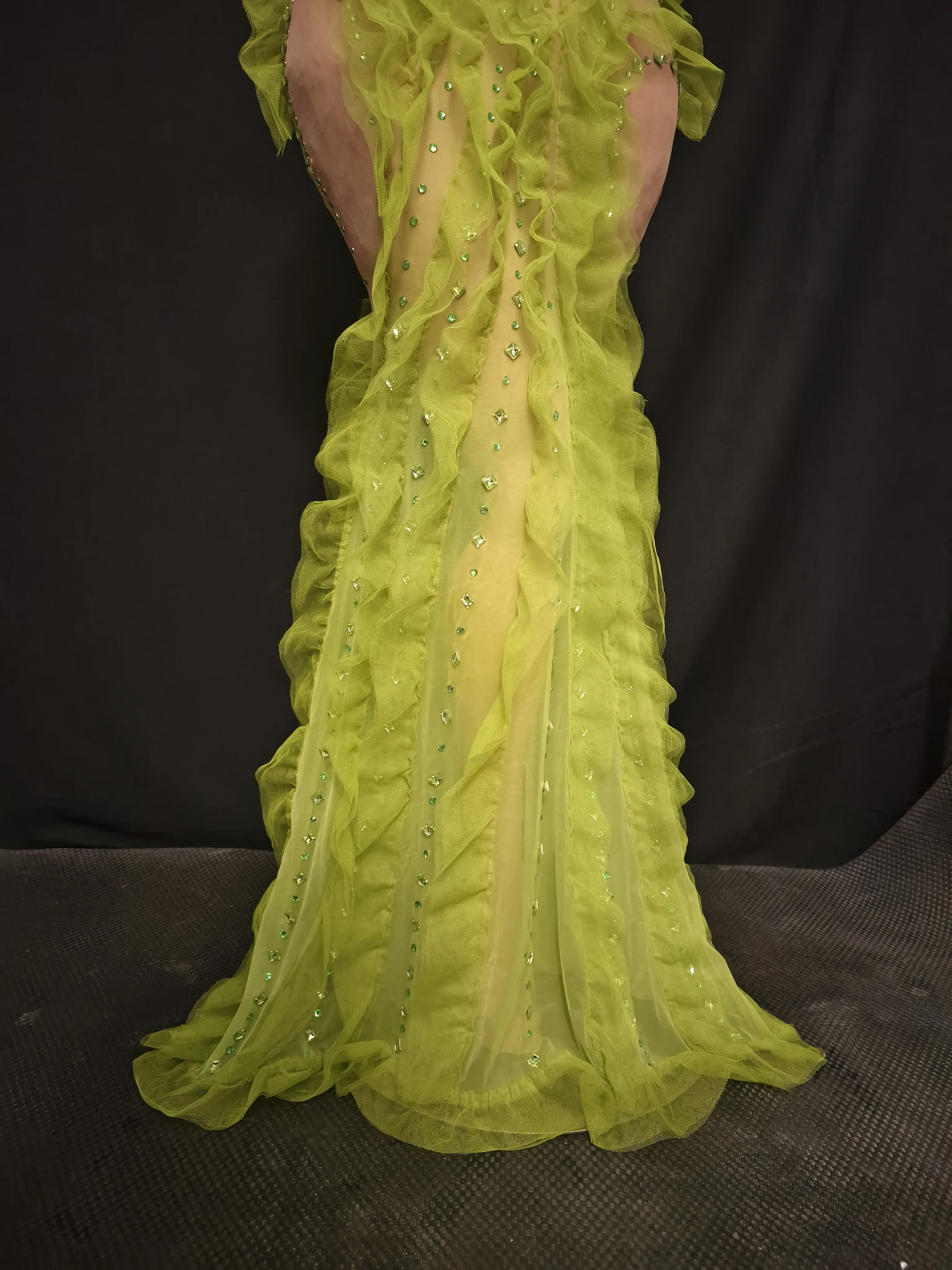 Show girl costume Luxury Party OutfitSparkly Crystals Women Sexy Green Gauze Celebrity Mesh See Through Floor-Length Birthday Dr