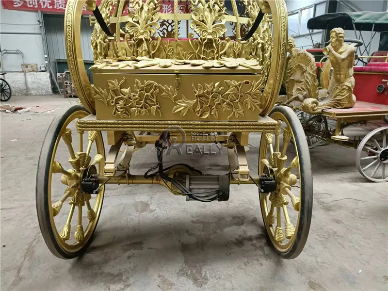 Carruagem de ouro real personalizada, carruagem de cavalo medieval, tigelas de doces de cavalo real, casamento, trailer de transporte desenhado