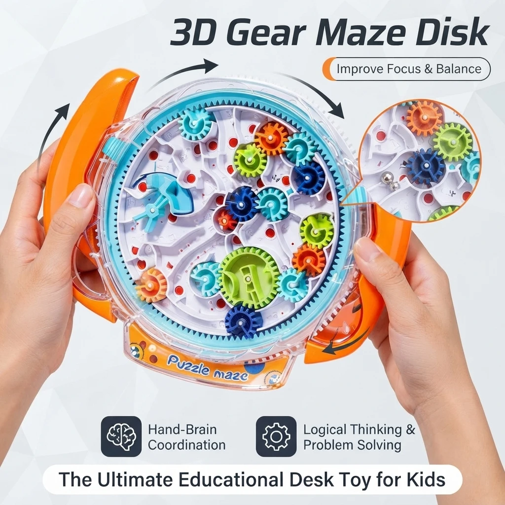 3D Gear Maze Disk for Kids 3+, Anti‑Slip Hand‑Operated Ball Maze, Concentration Training Parent‑Child Gift