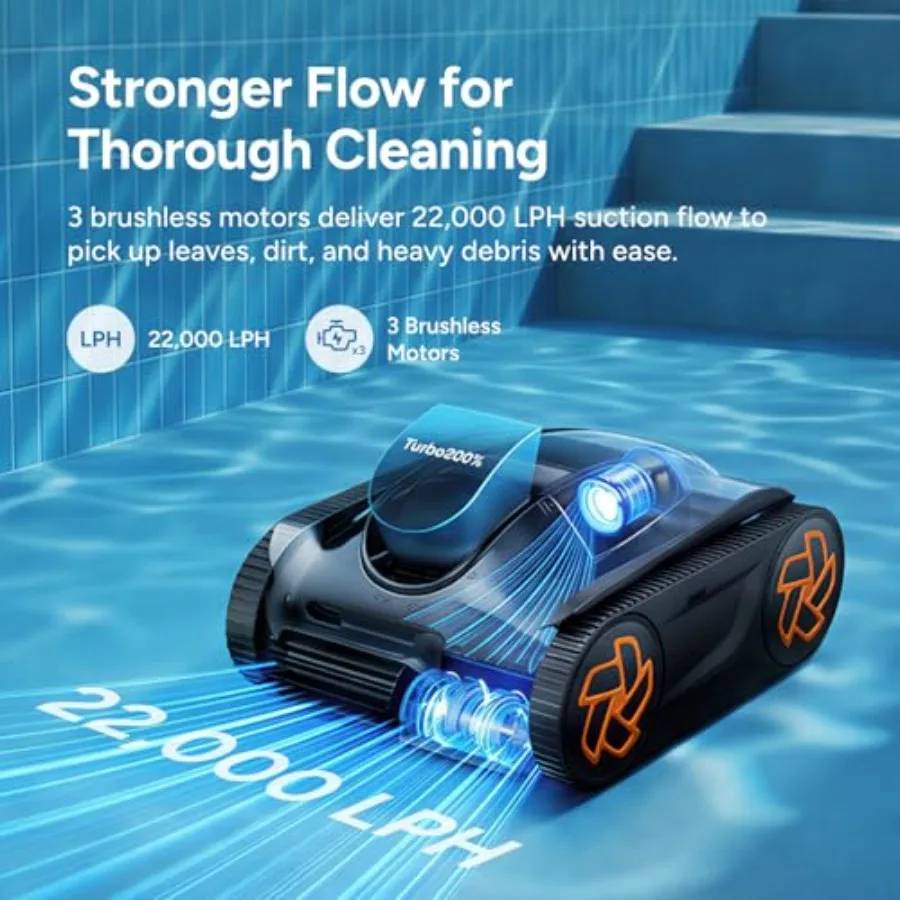 K Series cordless pool cleaner for above/inground pools, ABS plastic body, black color, 4H runtime and 22, 000 LPH suction powe