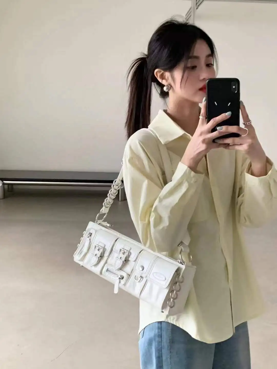 Niche design sweet and cool girl style armpit bag long multipocket ring biker bag fashionable and versatile shoulder bag handbag