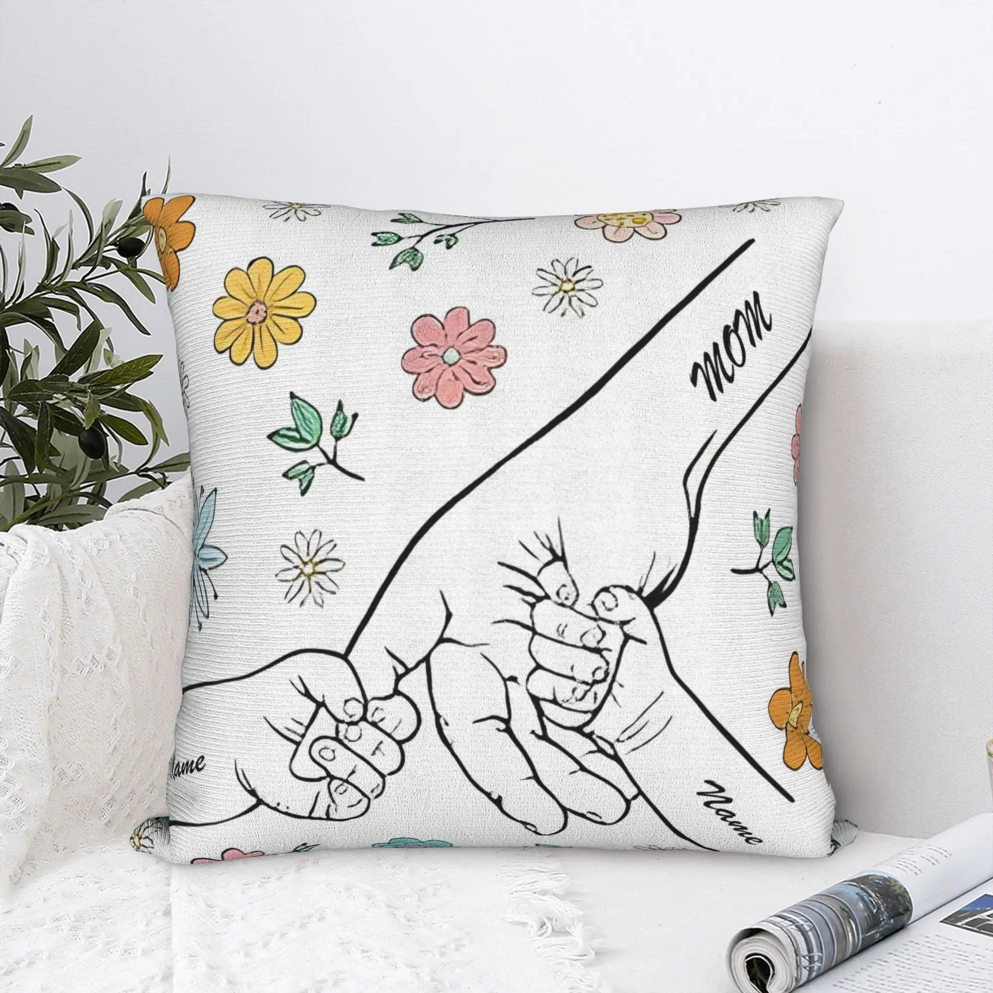 Mother's Day Square Pillowcases Bed Car Custom Up to 3 Kids Holding Mom's Hand Cushion Cover Cool Decorative Pillowcase 40*40