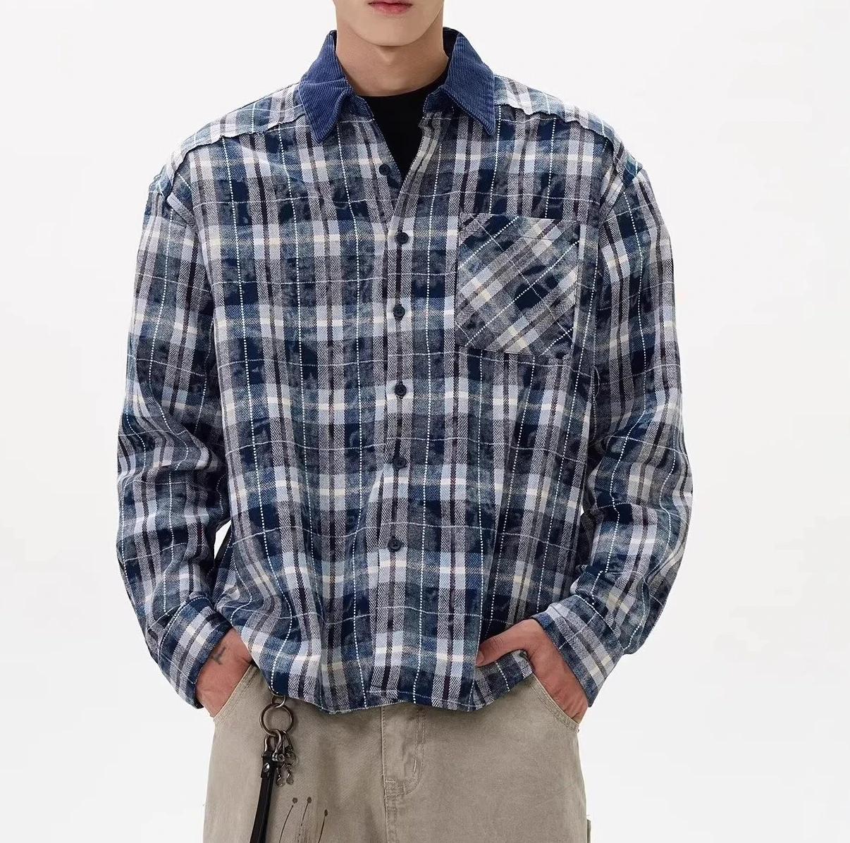 Vintage 2026 Spring and Autumn New Men's Loose Casual Splicing Plaid Long-sleeved Shirt Jacket