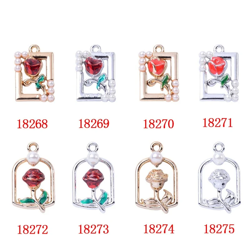 10pcs Enamel Rose Flower Design Pearl Charms Frame Alloy Flower Pendants for DIY Bracelet Necklace Jewelry Making Accessories