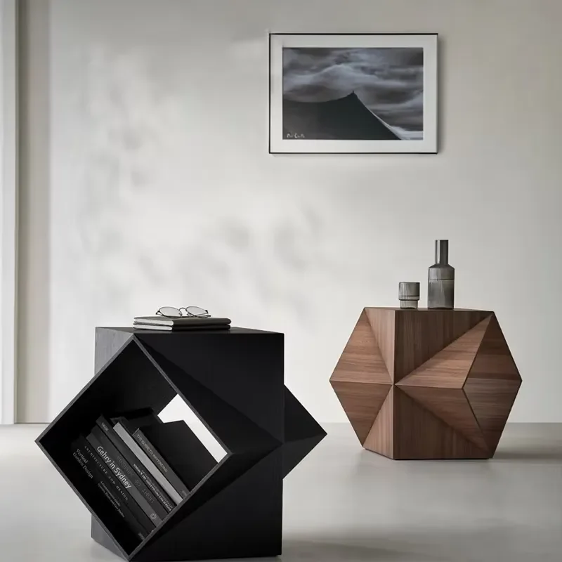 Modern Italian Geometric Wood Coffee Table Rotating Storage Side Table for Living Room Bedroom Study Simple Multi-sided