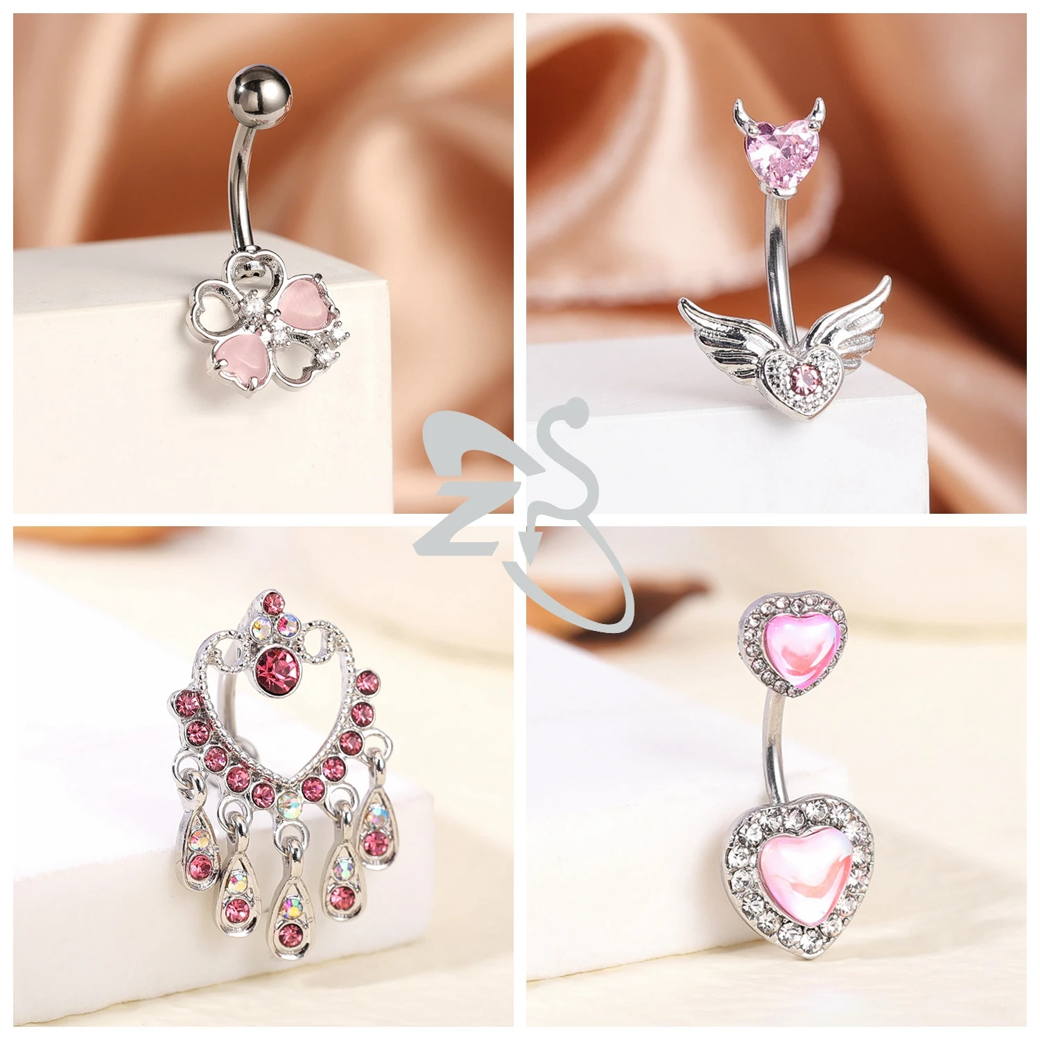 AOEDEJ 1 PC 14G Stainless Steel Belly Button Rings Pink CZ Crystal Pendant Bellys Piercing Women Butterfly Heart Navel Piercings