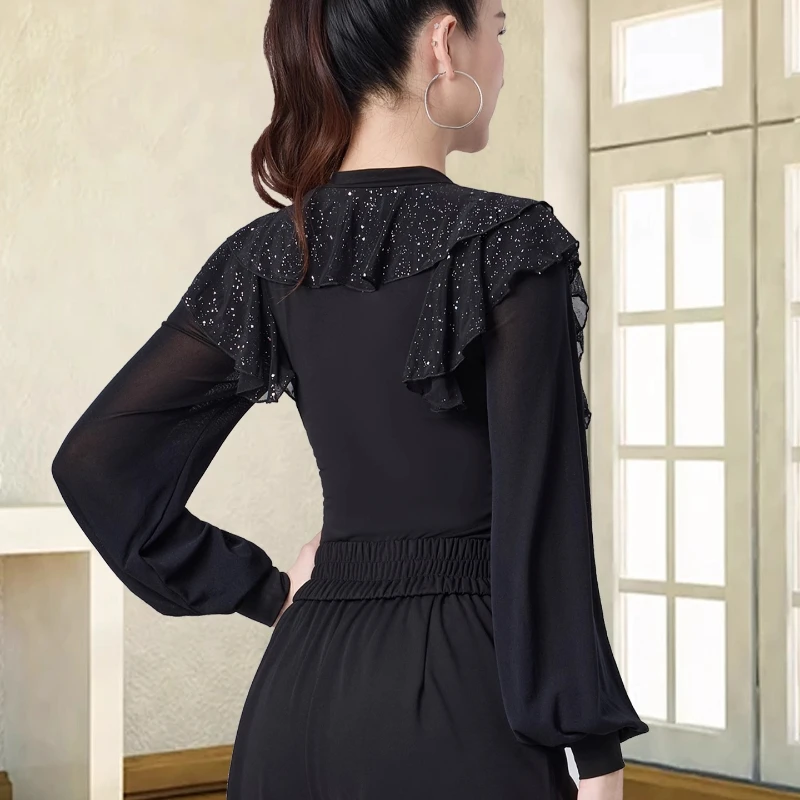 Latin Dance Wear Top Damen Frühling und Sommer Neue Kurzarm Mesh Rüschen Blatt Rand Moderne Samba Square Ballroom Dance Kostüm