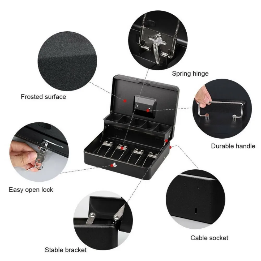 Cash Box Handheld Compartment Tray Cash Lockable Security Cashier Drawer Storage Safety Deposit Box Steel Money Box