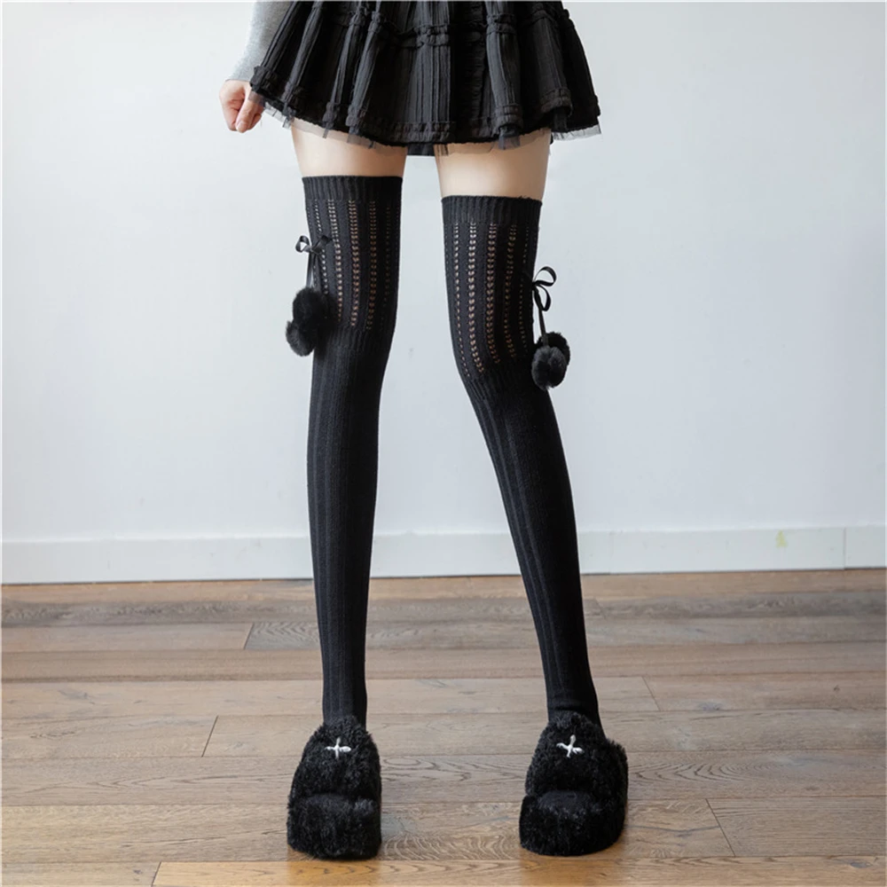 Japanese Cute Hairball Socks Women's Vertical Stripe Plush Stockings Winter Warm Knee High Socks 2YK Lolita Kawaii Leg Warmers